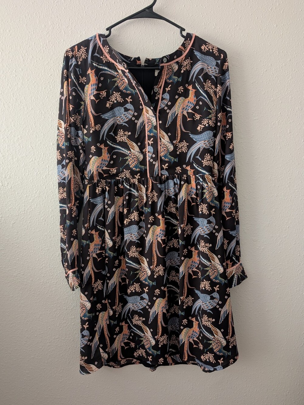 LOFT Black Long Sleeve Dress with Peach & Light Blue Bird Print